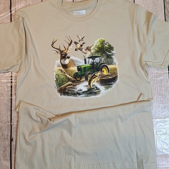 Outdoor Enthusiasts Hunting Fishing Farming Scene Beige Men's Short Sleeve Tee - Picture 3 of 12